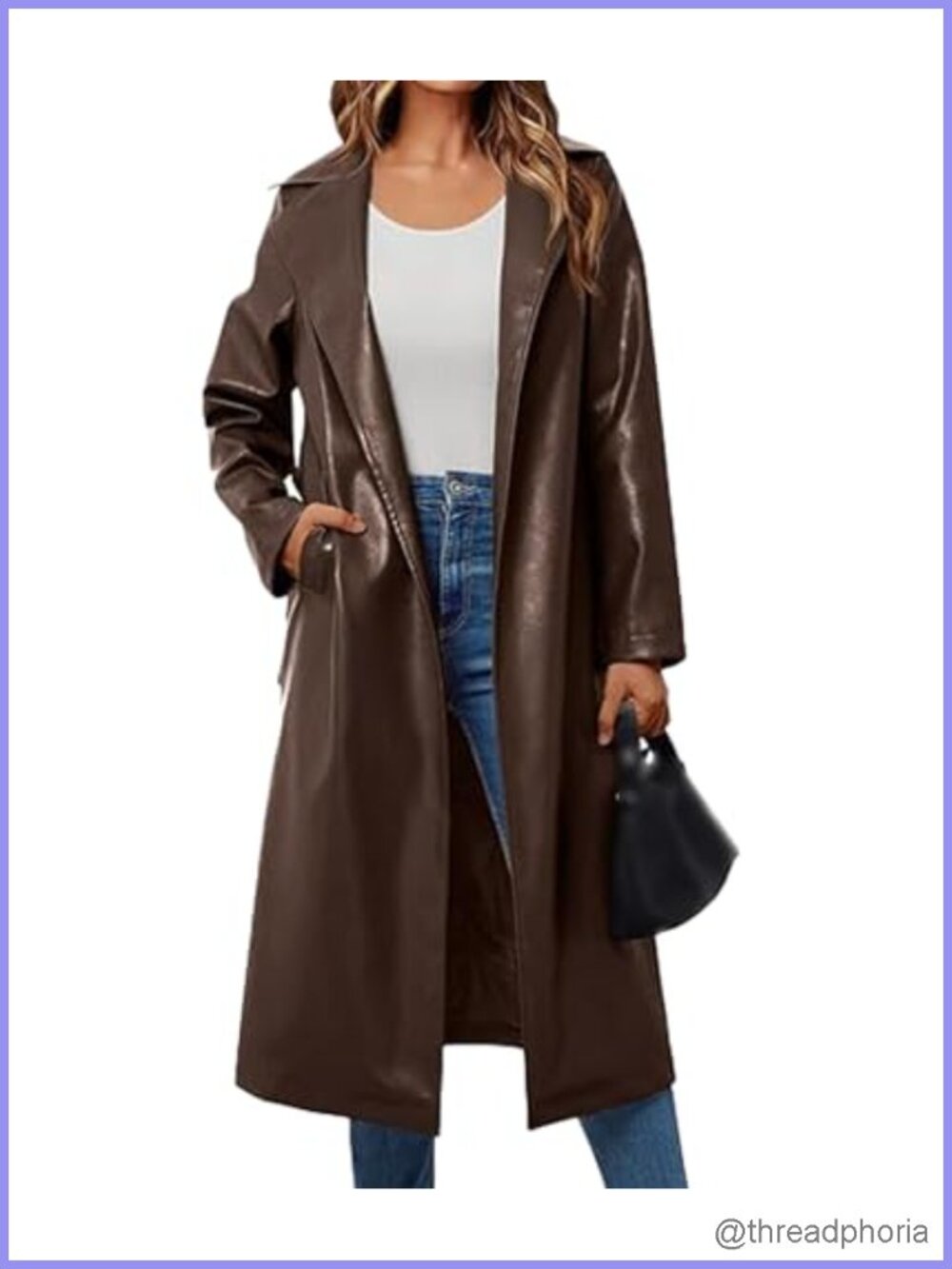 Faux Leather Trench Coat Notched Lapel Belted Long Moto Jacket